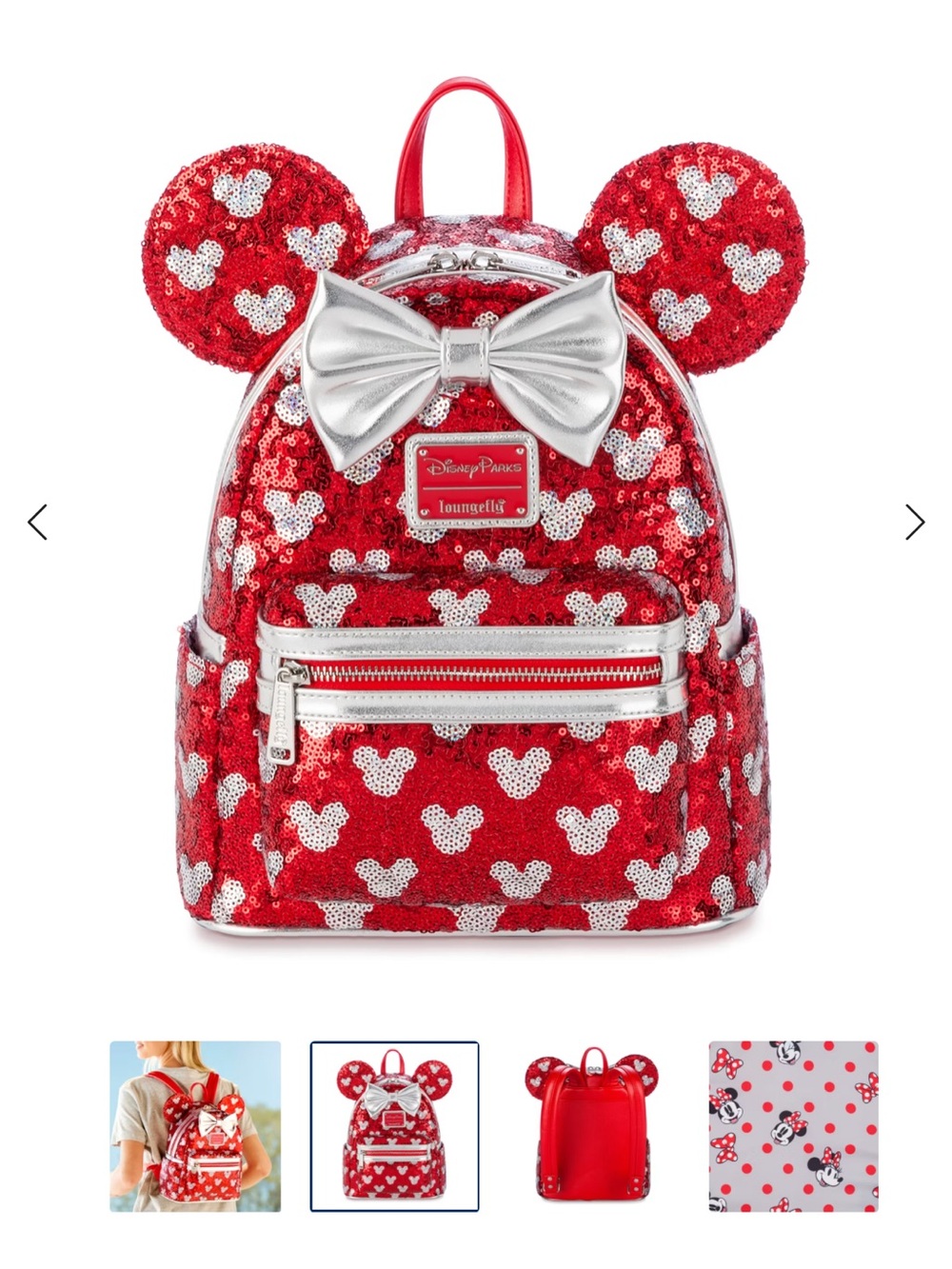 Disney Park Exclusive Loungefly Red Sequin Minnie Ear Backpack Silver Bow NWT